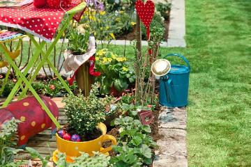 bed «border with summer flowers and vegetables», Bellis perennis, Buxus (Genus), Garden Furniture, Gestaltung, Gießkanne, plant bed, Primula (Genus), strawberry (Genus)