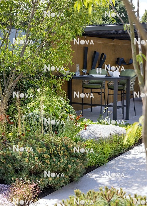 N1007501 Terrace garden with perennials and shrubs
